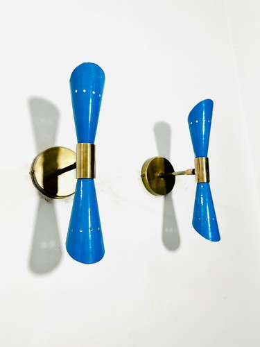 1950's Mid Century Blue Brass Italian Diabolo Wall Sconces Light - Fixture 2 Bul - Picture 3 of 7