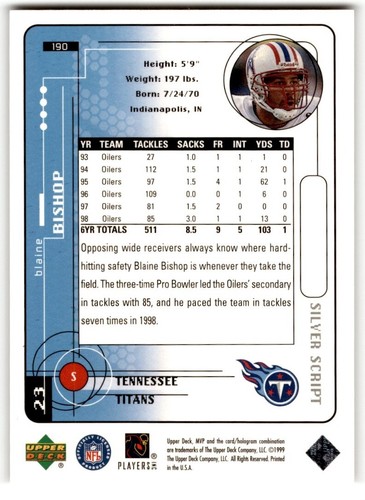 1999 Upper Deck MVP Silver Script Blaine Bishop #190 Tennessee Titans - Picture 2 of 2