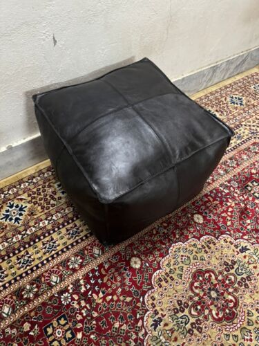 Trending Genuine Leather New Unstuffed Boho Handmade Pouf Black Classic - Picture 2 of 7