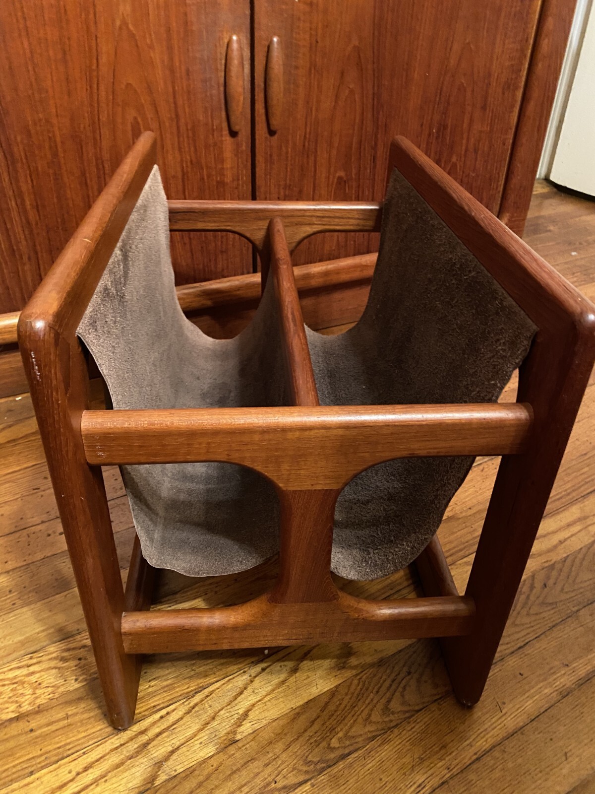 Mid Century Teak Danish Double Magazine Rack Stand, Sculpted, Chocolate Leather-image