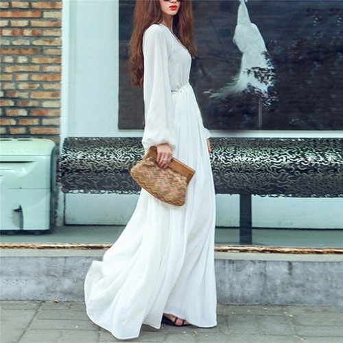 Women V-neck Long Sleeve Chiffon Maxi Dress Summer Casual Bohemian White Dresses - Picture 4 of 8