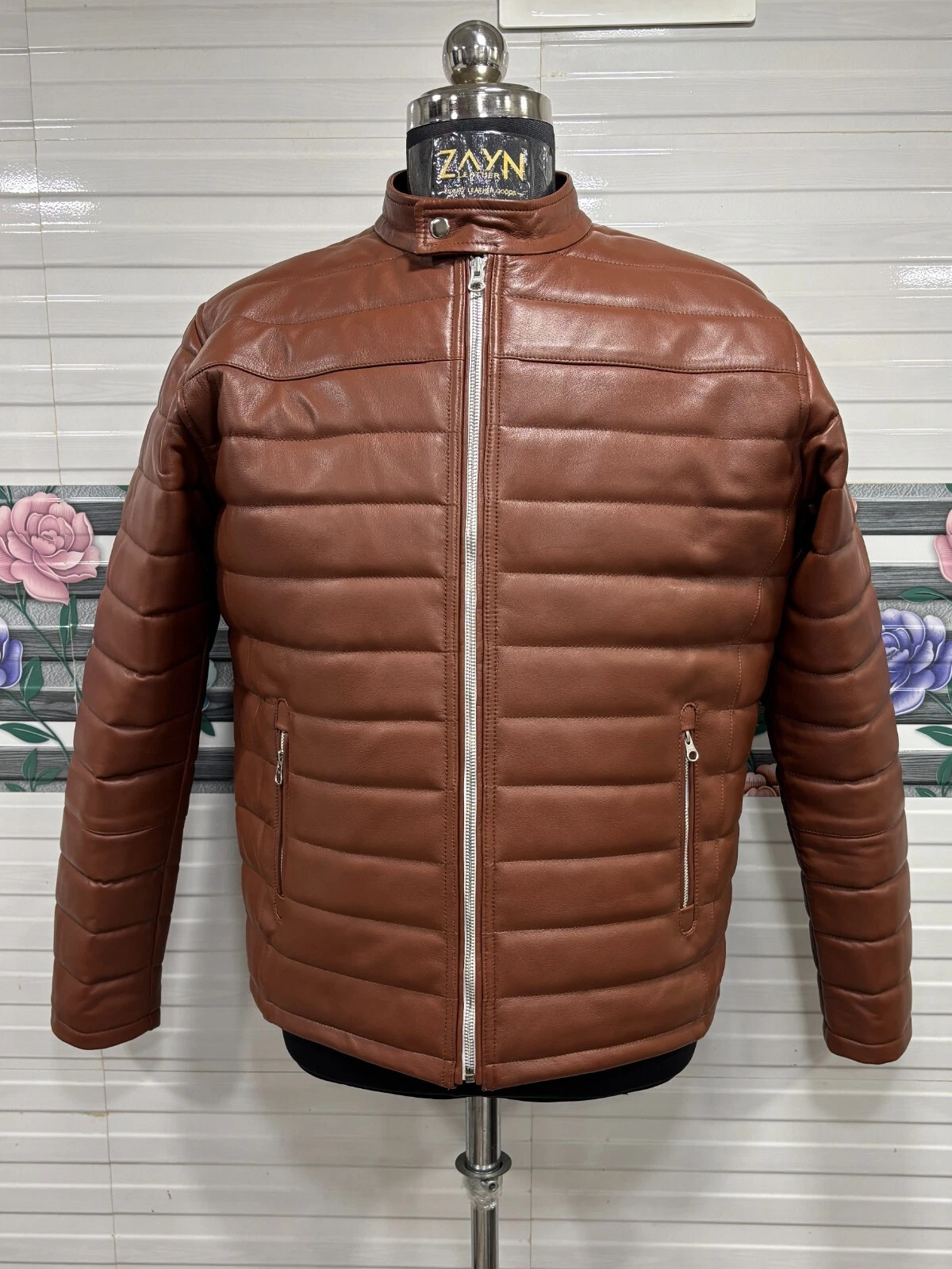Men's Brown Soft Lambskin Leather Puffer Jacket Real Leather Quilted Winter Coat