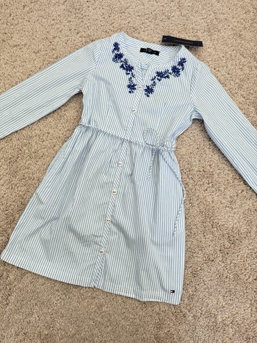 NWT Tommy Hilfiger Girl's Blue White Striped Dress embroidered Size 8 - Picture 2 of 7