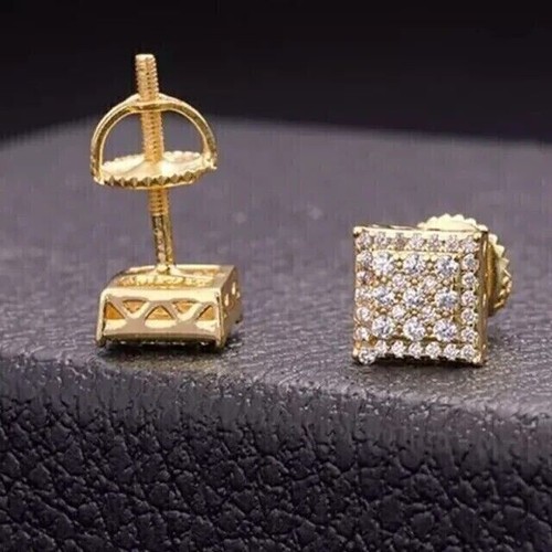 14K Gold Over 1.50Ct Lab Created Diamond Square Cluster Stud Earrings Screw Back - Picture 4 of 7