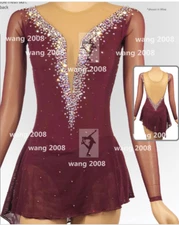 Figure Skating Competition Dress Ice Skating Training Girl burgundy deep v