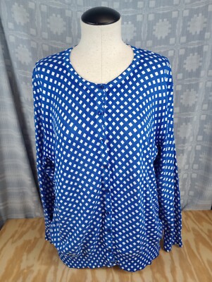 Gnw Womens Shirt Size Xl Blue White Diamond Pattern Long Sleeve Button Up