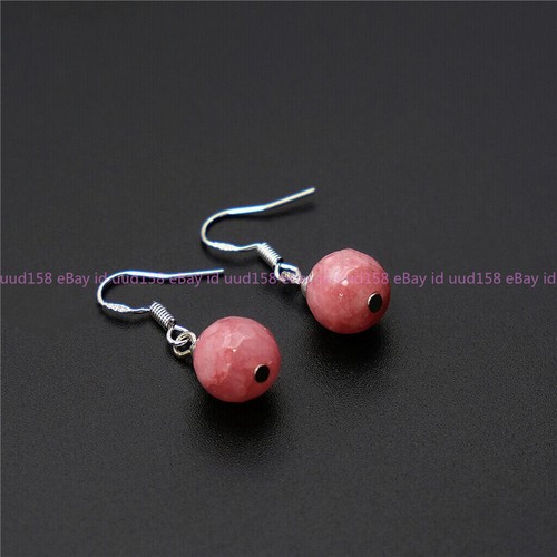 Faceted Pink Rhodochrosite Round Gems Dangle Silver Hook Earrings 8/10/12mm AAA - Picture 12 of 12