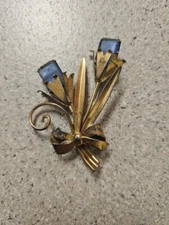Signed: Sterling Vermeil Tulip Floral Brooch BLUE Rhinestones