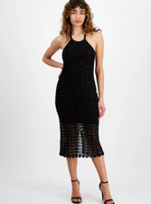 GUESS Women's Black Alina Halter-Neck Sleeveless Midi Dress, XS