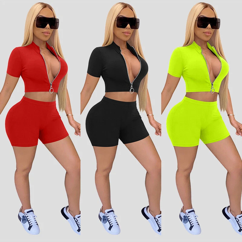 Women Sexy Workout Outfit Bodycon Zipper Tank Crop Top + High Waist Shorts  2 Pcs