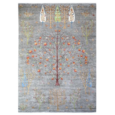 10'x13'10'' Screen Gray Wool Hand Knotted Folk Art Willow Cypress Tree Rug R88598
