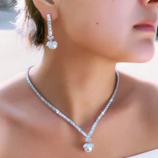 Sparkling Dangle Drop Pearl Earrings Necklace Silver Plated CZ Women Jewelry Set