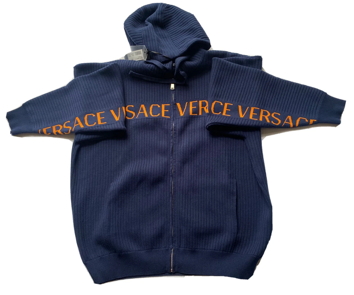 NWT 995 Versace Men s Knit Jacket with Hoodie Blue 48 US 58 Euro A237551 IT eBay