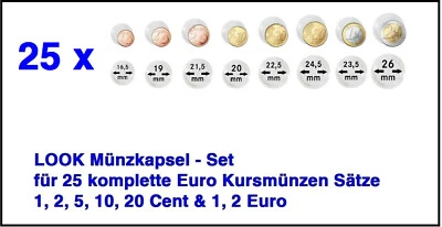 LOOKITUP 200 Münzkapseln Euro Kursmünzen Sets 25x 1,2,5,10,20,50 Cent 1,2 Euromünzen