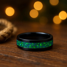 Black Ceramic Opal Inlay Ring Blue Green Crushed Opal Alternative Wedding Band 