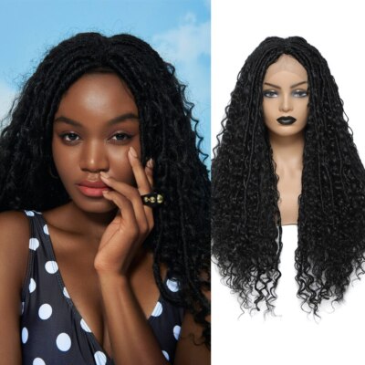Ombre Brown Synthetic Lace Front Braided Wigs With Curly Ends Middle Part
