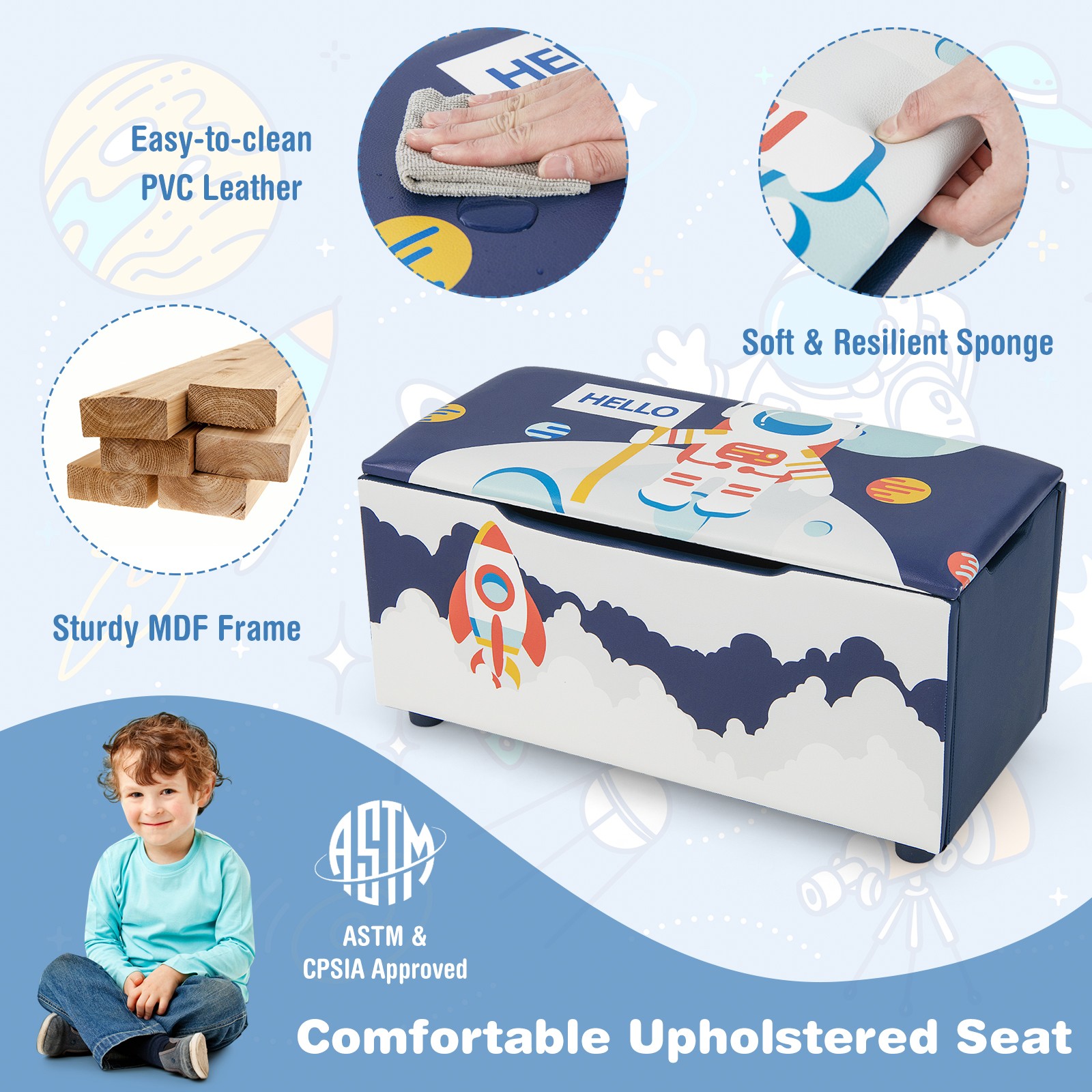 Kids Upholstered Storage Ottoman Bench Versatile Toy Chest Footrest Stool w/ Lid