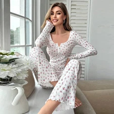 Floral Print Pajama Set Spring Autumn Women Full Sleeve Long Pants Loungewear