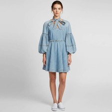Zimmermann Blue Denim Puff Sleeved Neck Tie Mini Dress M