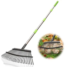 Rake for Leaves Adjustable 65 Inch Long 18 Inch Wide Garden with 25 Tines Metal