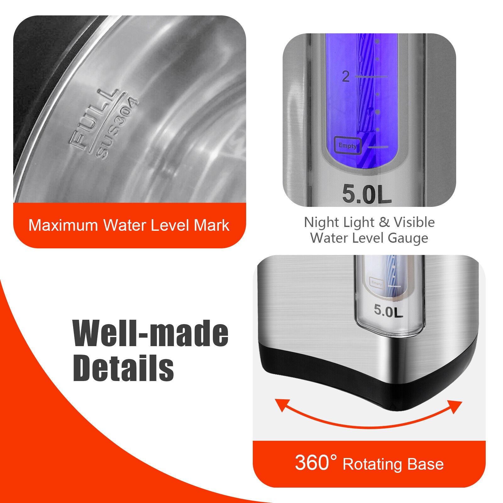COSTWAY 5L Electric Water Dispenser - Instant Hot Water Kettle - 5 Temp Settings - Auto-Cut Off - Silver - Image 2
