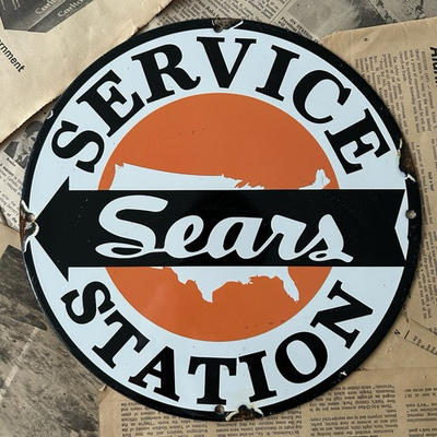 #ad VINTAGE SEARS SERVICE STATION AUTO DEALER GAS OIL 12 INCH PORCELAIN ENAMEL SIGN $106.39