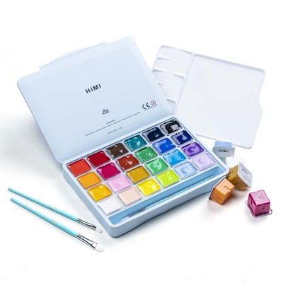Gouache Paints Set 24 Colors 30g with 3 Brushes Jelly Cup Design Non-Toxic