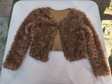 Brown Textured Cropped Jacket With Multi Color Rhinestones