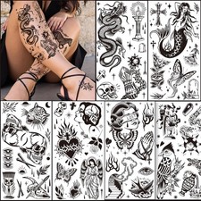 12 Sheets Large Black Old School Temporary Tattoos for Women Men Adult, Trad...