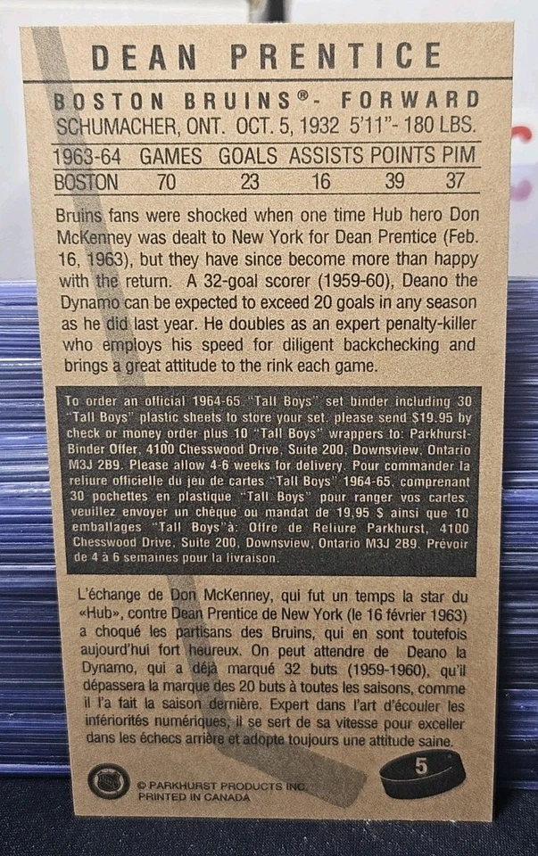 64-65 Parkhurst Tall Boy Dean Prentice 🚨🚨🚨 Boston Bruins  - Image 2 of 2