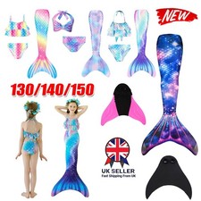 UK Kids Mermaid Tail With Monofin Swimmable Bikini Set Swimsuit Swimming Costume