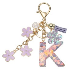 Alphabet K Tassel Cherry Blossom Initial Letter Keychain Purple, Pack of 1 