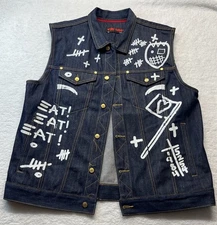 Ron Bass Jacket Mens 2XL Rockstar Graffiti Denim Vest Punk Alternative Grunge