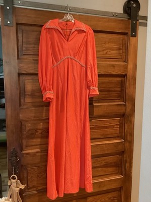 VGT Handmade Orange Long Sleeve Dagger Wide Collar Maxi Dress Disco 70s XS