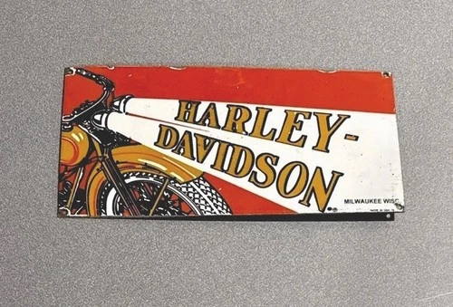 VINTAGE 12” 1930 HARLEY DAVIDSON PORCELAIN SIGN CAR GAS TRUCK OIL MOTORCYCLE