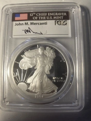 1994 P AMERICAN SILVER EAGLE MERCANTI SIGNED $1 PROOF 1 oz COIN PCGS PF 70 DCAM