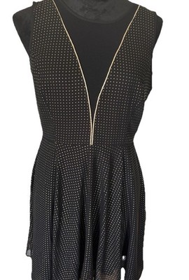 Black Gold Studded Polka Dot Dress Sheer V Neck Sz 8 Pin Up Rockabilly Holiday