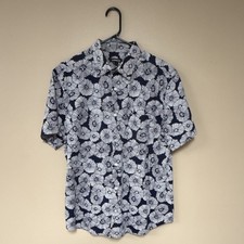 Express Men  s S Regular Blue/White Geometric Woven Cotton-Poly Button-Up Shirt
