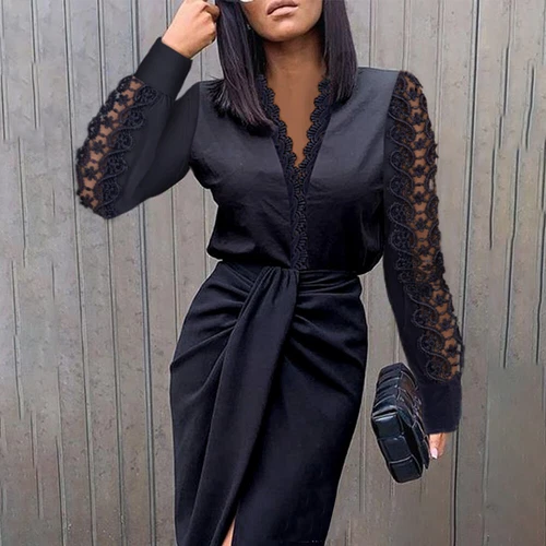 Womens Lace V Neck Wrap Dress Ladies Long Sleeve Evening Cocktail Midi Dress - Picture 5 of 10