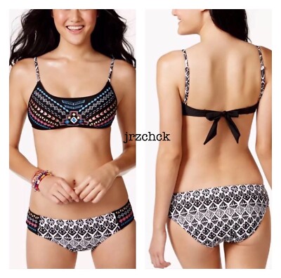 NWT Juniors Bikini Nation 2 PC Embroidered Cami Bralette Bikini Swimsuit Set M
