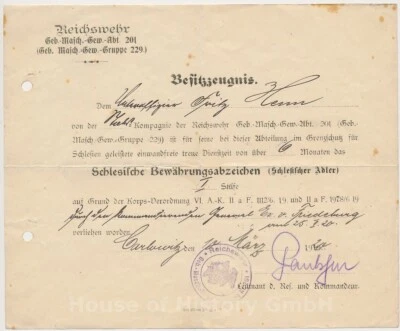 144887: Urkunde, Schlesisches Bewährungsabzeichen, Schlesischer Adler, I.Stufe - Bild 1 von 2