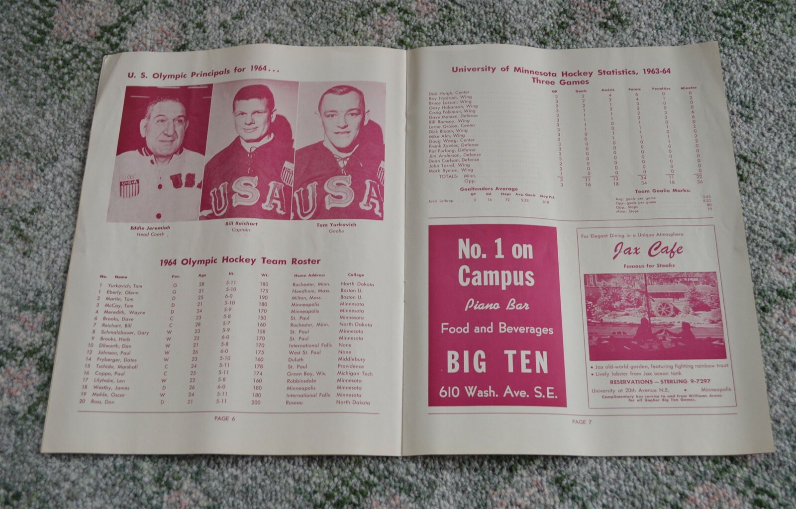 1963 University of Minnesota Gopher Hockey vs Olympic Team Program Herb