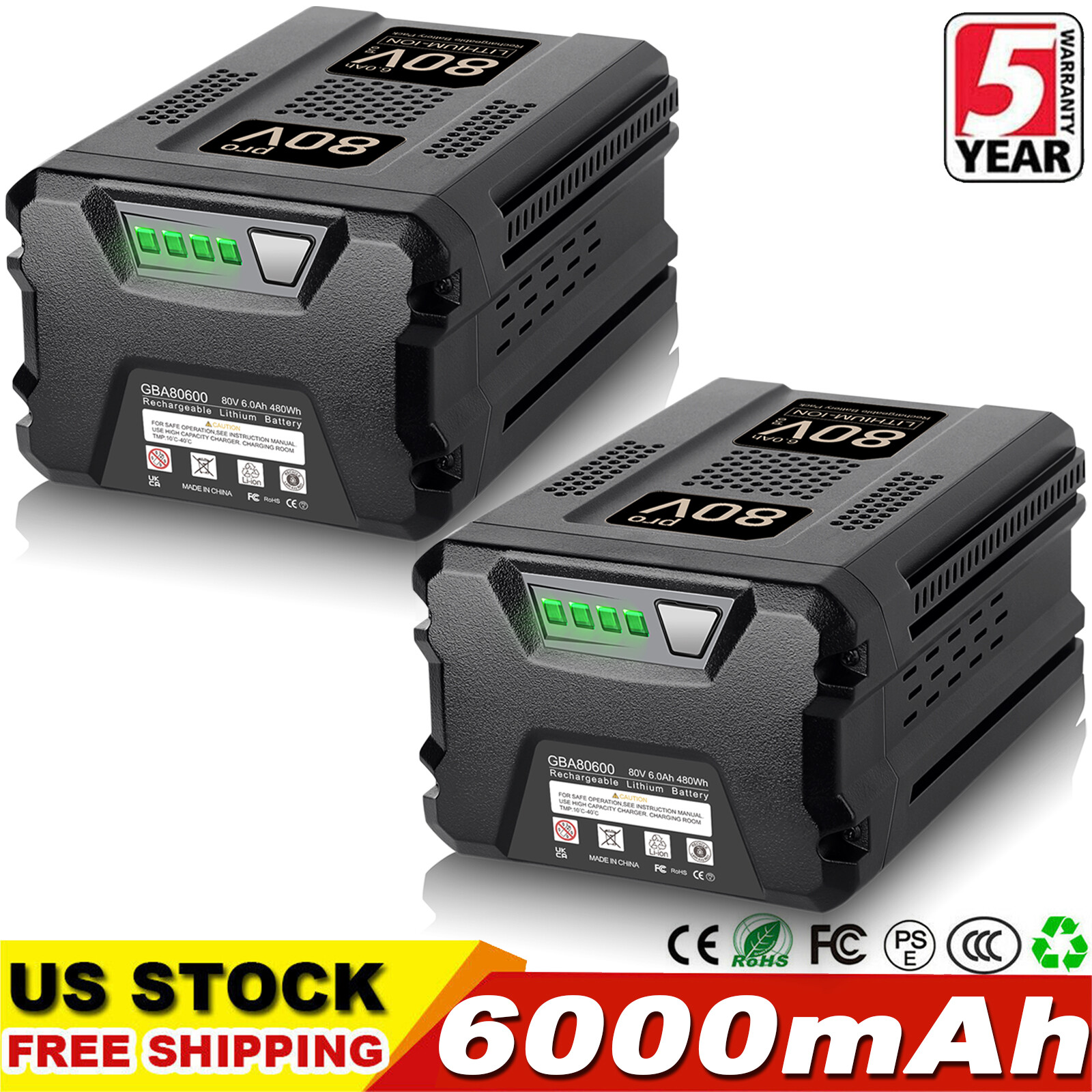 2 PACK 6Ah For Greenworks 80V Pro GBA80600 BAB726 Lithium Battery BAB728 2506902
