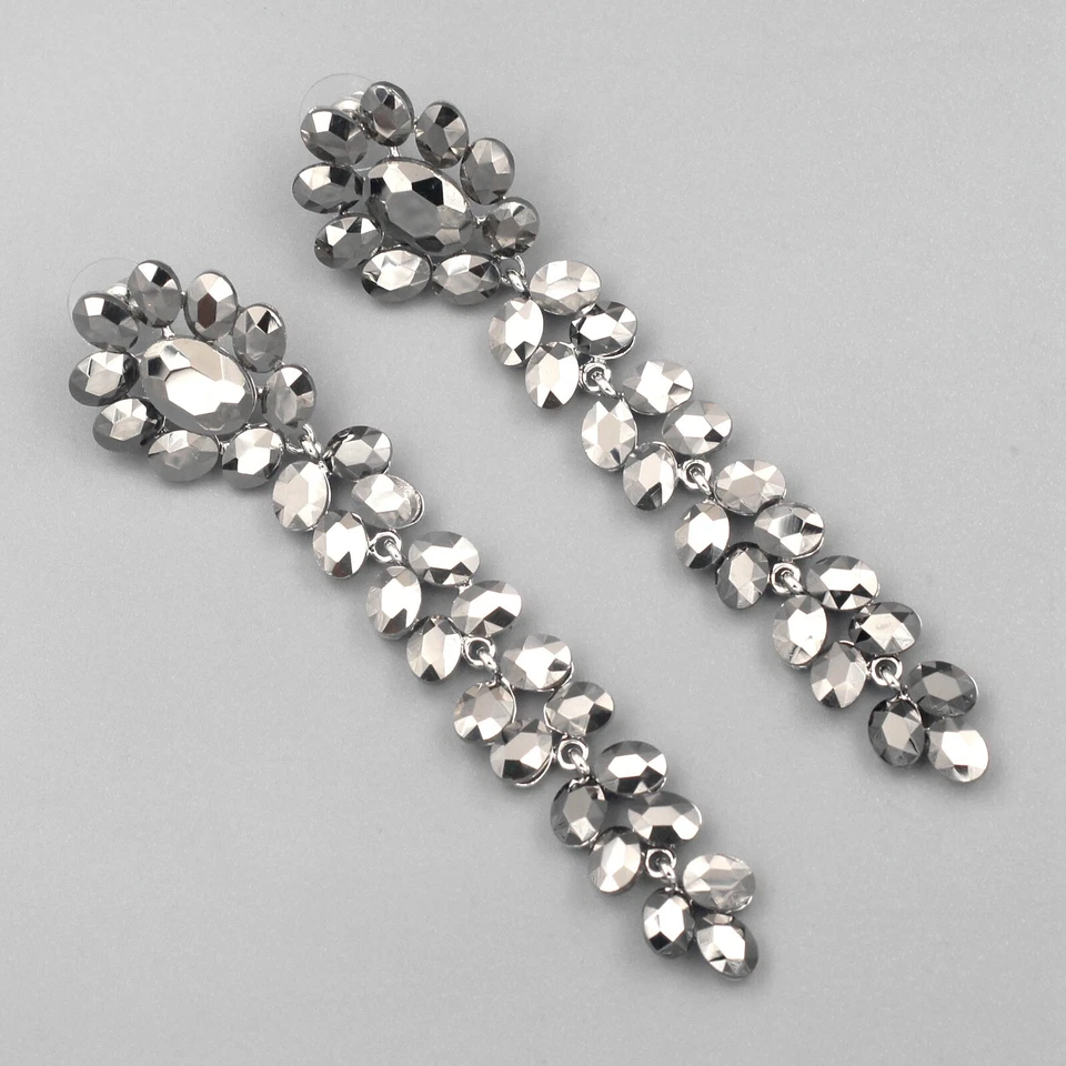 Pendientes Largos Colgantes Mujer Jet Hematita Cristal Estrás Tono Plata Concurso Foto 3 de 4