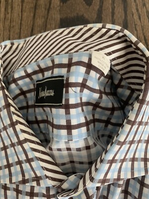 neiman marcus brand dress shirts Neiman-Marcus Blue Brown White Plaid XL Dress Shirt 100% Cotton Contrast  Placket