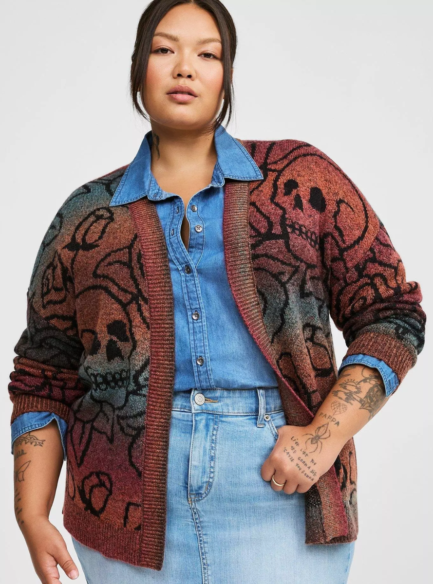 Torrid Space Dye Oversize Open Front Skull Cardigan Orange Torrid Space Dye Oversize Open Front Skull Cardigan Orange