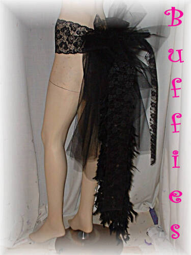 NEW! Burlesque Dancer Tail Bustle belt Train Black Bustle belt net & feathers  - Afbeelding 1 van 1