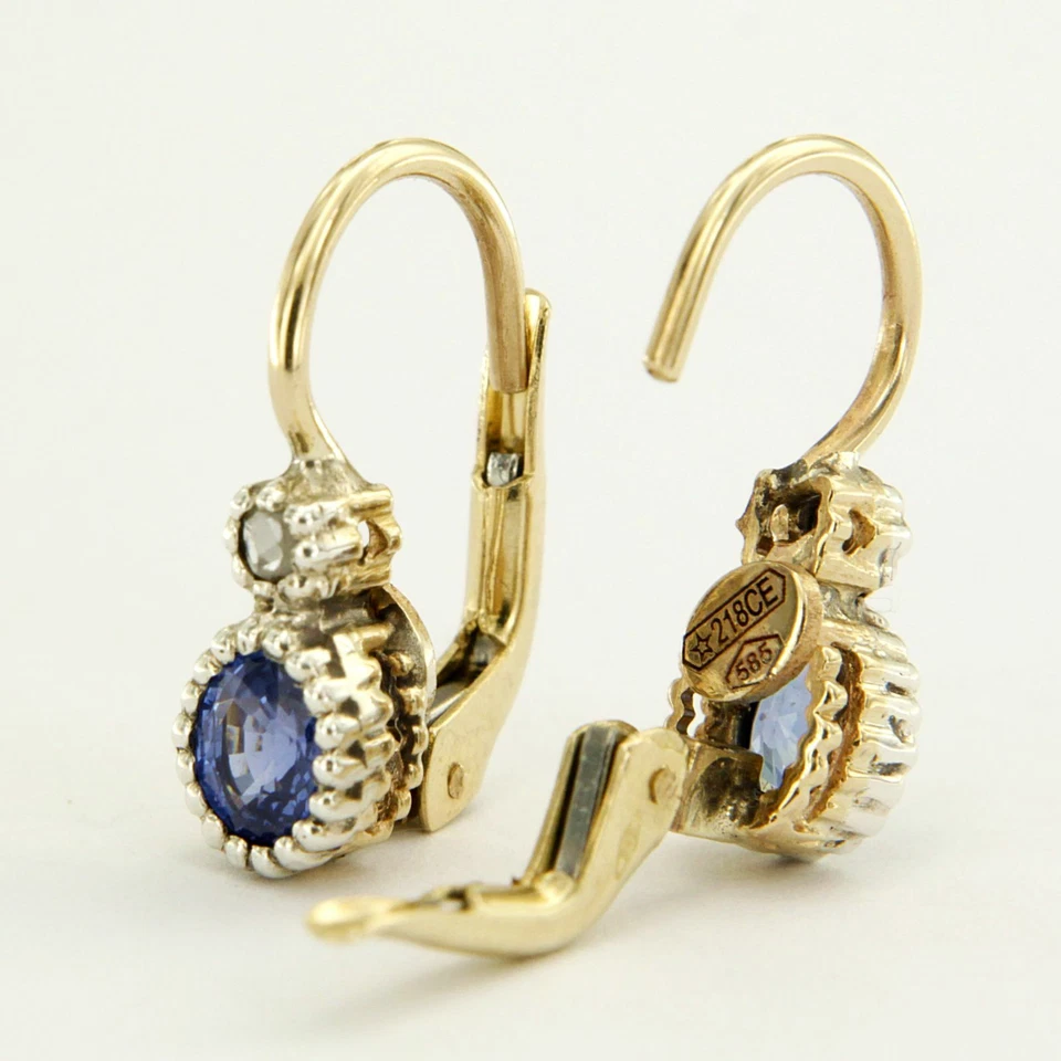 Orecchini ORO Giallo 14 kt con ZAFFIRI e DIAMANTI Pendenti stile Antichi Epoca - Immagine 4 di 4
