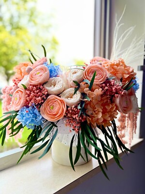 Preserved Flower Arrangement, Peach Blue Boho Centerpiece, Long Lasting Bouquet