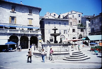 1967 Street Scene Piazza del Comune People Cafes Assisi Italy Kodachrome Slide